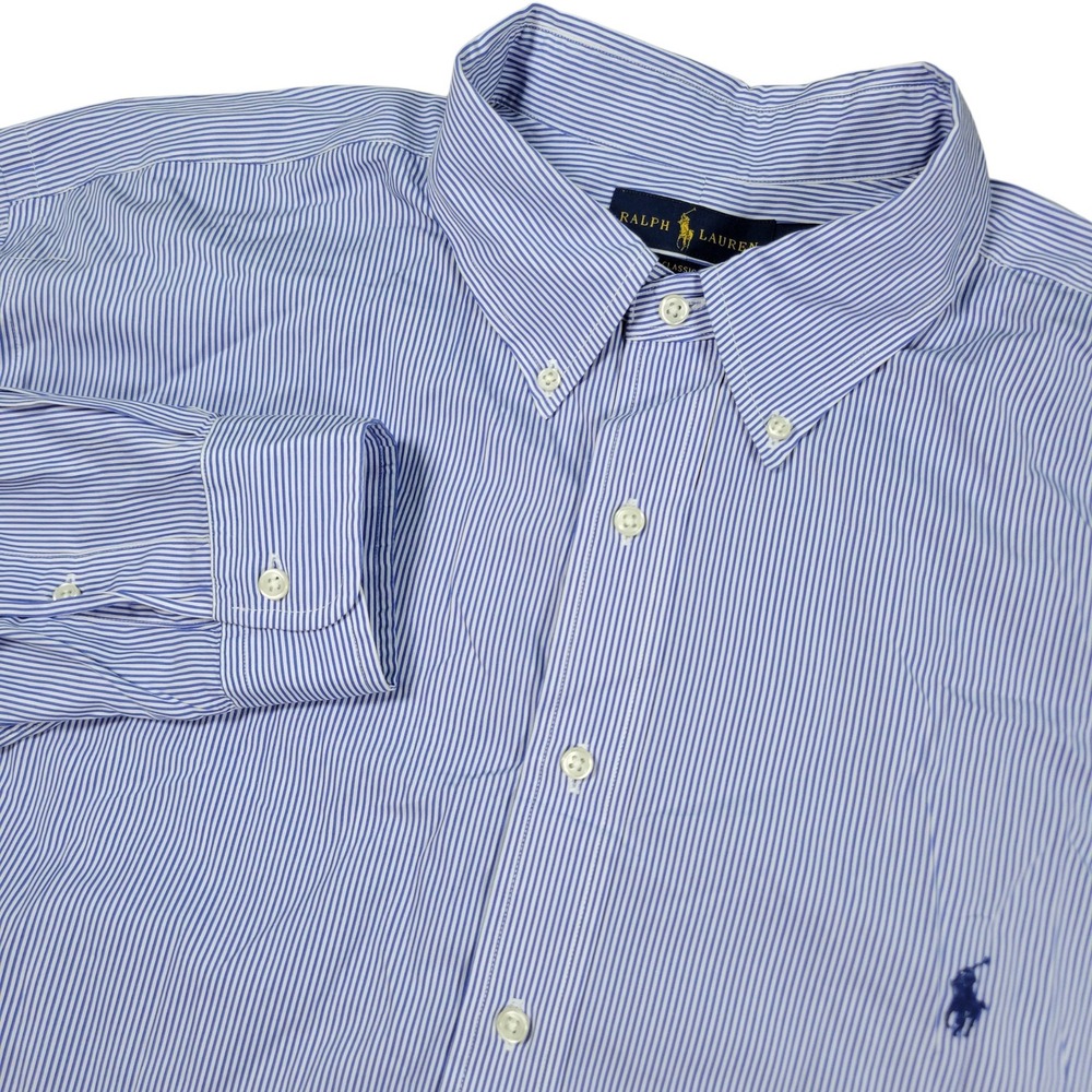 Ralph Lauren Button Down Shirt Mens 2XB Blue Striped Classic Fit Preppy Office